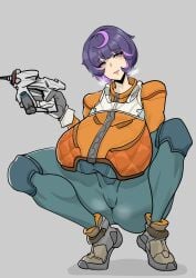 1girls alternate_breast_size blush bodysuit breasts energy_gun female gigantic_breasts gloves grey_background grey_footwear grey_gloves gun head_tilt highres holding holding_gun holding_weapon huge_breasts jacket juno_(overwatch) knee_pads looking_at_viewer multicolored_hair orange_jacket overwatch pants parted_lips pink_eyes pink_hair purple_hair shoes short_hair simple_background smile solo spread_legs squatting steaming_body streaked_hair tiptoes weapon yanz2
