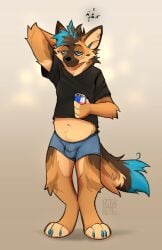 2023 anthro balls_outline belly beverage biped bottomwear boxer_briefs bulge canid canine canis cheek_tuft chest_tuft claws clothed clothing colored detailed_bulge digital_media_(artwork) digitigrade domestic_dog energy_drink eyebrows facial_tuft fingers fur genital_outline german_shepherd hair half-closed_eyes herding_dog hi_res inner_ear_fluff kitakettu_(artist) male male_focus male_only mammal messy_fur messy_hair messy_tail narrowed_eyes navel overweight pastoral_dog raised_clothing raised_shirt raised_topwear red_bull shaded shirt simple_background slightly_chubby slightly_chubby_anthro slightly_chubby_male solo standing t-shirt tail tired tired_expression tired_eyes tired_look topwear tuft underwear xavu_(kitakettu)