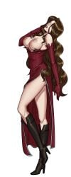 ass bare_shoulders black_footwear boots breasts breasts_out brown_eyes brown_hair cg clothes_pull curly_hair dress dress_pull elbow_gloves female finger_to_mouth from_side full_body gloves green_background hentai_heroes high_heel_boots high_heels kinkoid knee_boots large_breasts lips lipstick lissa_(hentai_heroes) long_hair looking_at_viewer lust_(fullmetal_alchemist) makeup nipples no_bra official_art parody red_dress red_gloves side_slit simple_background smile solo standing thighs very_long_hair wavy_hair