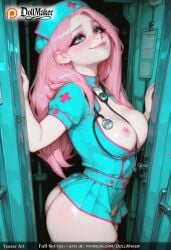 ai_generated ass blush breasts car dollmaker door drawing_tablet female fluttershy_(mlp) green_eyes ground_vehicle hat lips locker long_hair monitor mouse_(computer) nipples open_clothes parted_lips pink_hair smile solo tagme thighhighs through_screen train_interior