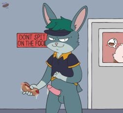 anthro balls bedfellows bodily_fluids clothed clothing clothing_lift cum cum_on_food cum_on_penis digital_media_(artwork) english_text erection food fur genital_fluids genitals green_body green_fur hair hot_dog lagomorph leporid looking_at_viewer male male_only mammal multicolored_body multicolored_fur penis pointy_ears prick_ears rabbit shirt shirt_lift sign simple_background smile solo speech_bubble tail text tobi_(wiener-fag) topwear two_tone_body two_tone_fur uniform wiener-fag