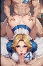 2boys :>= abs ai_generated ass blonde_hair blue_eyes clothed_female_nude_male cum cum_in_mouth fellatio female group_sex large_breasts lips makeup mmf_threesome multiple_boys muscle nude oral overflow penis straight tattoo threesome