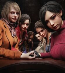 3d 6girls ada_wong alternate_version_at_source ashley_graham ashley_graham_(ella_freya) big_breasts black_hair blender blonde_hair claire_redfield dark-skinned_female excella_gionne finger finger_ring fingers gretdb hands hole jill_valentine looking_at_viewer looking_pleasured multiple_girls ok_sign on_table onahole only_female resident_evil resident_evil_2_remake resident_evil_4_remake sheva_alomar short_hair smile smiley_face tagme