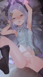 1girls ahoge armpits ass ass asshole bed black_thighhighs blue_archive blush blushing_at_viewer breasts exposed_armpits exposed_midriff exposed_navel female female_focus female_only flat_chest gehenna_academy_student hair hair_ornament hairclip heart-shaped_pupils hina_(blue_archive) long_hair looking_at_viewer messy_hair midriff midriff_baring_shirt navel nipple_bulge nipples_visible_through_clothing nuda open_mouth petite petite_body petite_female prefect_team_(blue_archive) purple_eyes purple_hair pussy sitting_on_bed small_breasts sweat sweatdrop sweating thighhighs thin thin_arms thin_eyebrows thin_female thin_waist tight_pussy white_hair wings young