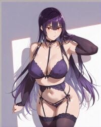 ai_generated bra breasts domination haitekudasai_takamine-san large_breasts looking_at_viewer purple_hair red_eyes sexy_underwear shiny_skin solo_female takamine_takane underwear very_long_hair