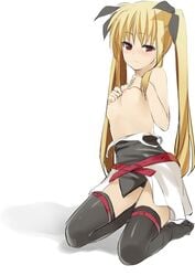 1girls black_legwear black_thighhighs blonde_hair blush bow breasts face fate_testarossa female hagane7728 hairbow hi_res kneeling lyrical_nanoha mahou_shoujo_lyrical_nanoha mahou_shoujo_lyrical_nanoha_a's nipples red_eyes small_breasts solo thighhighs tied_hair topless twintails very_long_hair