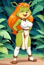 ai_generated amberley blue_eyes furry_female furry_only green_fur horns orange_hair tagme the_dreamstone
