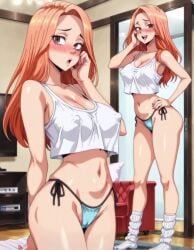 1girls ai_generated covered_nipples crop_top female indoors large_breasts navel orange_hair sleeveless sleeveless_shirt socks thong tokyo_revengers worried yuzuha_shiba