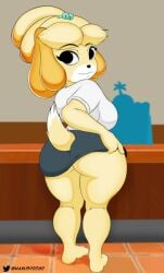 animal_crossing anthro anthro_female ass ass barefoot big_ass big_butt feet furry furry_female hips isabelle_(animal_crossing) legs looking_at_viewer looking_back madmanart skirt skirt_lift tail thick_legs thick_thighs thighs wide_hips yellow_body yellow_fur yellow_skin