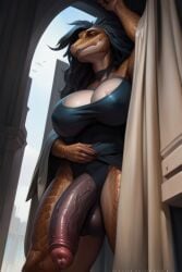 ai_generated arm_over_head balls big_breasts big_penis black_hair breasts brown_body brown_scales cleavage clothing_lift cock curtains dick dickgirl dragon flaccid flaccid_penis futa_only futanari hair indoors intersex non-mammal_balls non-mammal_breasts partially_clothed penis penis_through_clothing reptile reptile_humanoid scales scalie solo solo_dickgirl solo_futa standing veiny_penis