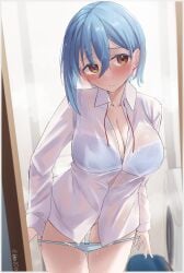 bare_legs bare_thighs big_breasts blue_bra blue_hair blue_panties blush bow_panties bra bra_visible_through_clothes breasts cleavage closed_mouth collarbone convenient_censoring earrings groin indoors love_live! love_live!_superstar!! medium_hair no_pants panties panty_pull rikka006 see-through_clothing standing thighs wakana_shiki wet_body wet_clothes wet_hair