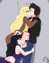 1boy 2girls against_wall big_ass big_breasts black_eye black_hair blake_belladonna blonde_hair blowjob breast_grab cat_ears closed_eyes clothed ffm_threesome fingerless_gloves hand_on_another's_head jin_satou kissing on_knees original_character prosthetic_arm purple_eyes rwby scars shirt_lift standing yang_xiao_long zronku