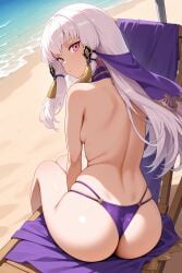 ai_generated ass back backboob bare_shoulders beach beach_chair bikini bikini_bottom_only breasts chair choker closed_mouth day female fire_emblem from_behind hair_ornament long_hair looking_at_viewer looking_back lysithea_von_ordelia_(fire_emblem) median_furrow ocean outdoors pink_eyes purple_bikini purple_choker sand sideboob sidelocks sitting skindentation small_breasts solo swimsuit thighs thong thong_bikini topless veil water white_hair
