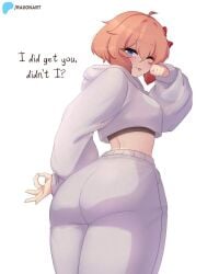 ahoge big_ass big_butt blue_eyes coral_pink_hair doki_doki_literature_club looking_at_viewer looking_back raionart red_bow sayori_(doki_doki_literature_club) sky_blue_eyes skyblue_eyes smiling_at_viewer smug speaking speaking_to_viewer sticking_out_tongue sweater sweatpants talking_to_viewer teasing thick_ass white_pants white_sweater winking_at_viewer