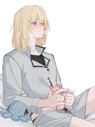 amakuma bang_dream! bang_dream!_it's_mygo!!!!! blonde_hair blush closed_mouth clothes_pull commentary female futanari futanari_masturbation grey_shirt grey_shorts hair_between_eyes highres intersex long_sleeves masturbation medium_hair misumi_uika penis precum purple_eyes shirt shorts shorts_pull simple_background solo sweat togawa_sakiko white_background