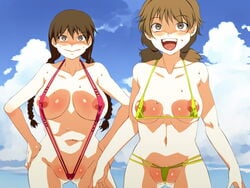 4:3 areolae bikini blush braid breasts brown_hair chiyo_shinooka clouds hairless_pussy hi_res huge_breasts long_hair looking_at_viewer maria_momoe medium_breasts mizuryuu_kei momoe_maria multiple_girls navel nipple_bulge nipples ookiku_furikabutte open_mouth pussy sky sling_bikini smile standing sweat swimsuit tied_hair twintails