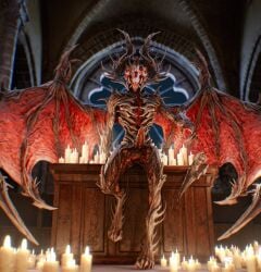 3d_(artwork) altar arm_spikes baldur's_gate baldur's_gate_3 balls beepyromancer bone candle candlelight claws demon digital_media_(artwork) erection genitals hi_res horn horn_spikes inside knee_spikes larian_studios leg_spikes light male male_only monster multi_eye nude penis pinup pose presenting presenting_penis raphael_(baldur's_gate) shoulder_spikes skull skull_head solo spiked_penis spikes spikes_(anatomy) spread_wings teeth teratophilia tusks wing_claws wings