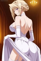 ai_generated artkoikoi asian asian_female back_view big_breasts blonde_hair breasts bridal_gauntlets bride choker cleavage dress elbow_gloves elegant elegant_dress female garter_belt garter_straps hair_up highres hourglass_figure lifting_skirt looking_at_viewer patreon patreon_username princess_lover! purple_eyes stockings sylvia_van_hossen tied_hair wedding_dress wedding_lingerie