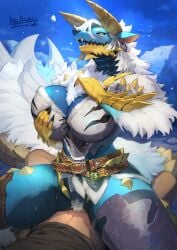 anthro big_breasts blush bodily_fluids breasts capcom clothed clothing duo eguchi_tumoru fanged_wyvern female fur genital_fluids hair horn human interspecies male male/female mammal monster_hunter penetration sex smile thick_thighs zinogre