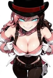 ai_generated blue_eyes breasts cleavage curious_cat_(rwby) grin high_heel_boots high_heels huge_breasts male male_in_female_body multicolored_hair neo_(rwby) possessed possession rwby