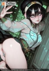ai_generated anus ass barefoot belt black_hair blush breasts dollmaker feet female hair_between_eyes hairband long_sleeves looking_at_viewer medium_breasts no_panties panties pussy short_hair smile solo straight tagme thighs toes underwear