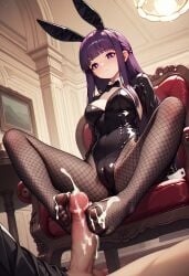 1boy 1boy1girl 1female 1girls ai_generated bodysuit bunny_ears bunny_girl bunnysuit casino clothed costume cum detailed_background feet feet_focus feet_on_penis feet_together female female_focus female_only fern_(sousou_no_frieren) fishnets foot_fetish foot_focus foot_play footjob long_hair male male/female pantyhose penis penis_out purple_eyes purple_hair soles sousou_no_frieren straight suit toes veloramist