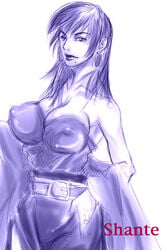 arc_the_lad arc_the_lad_ii bare_shoulders belt breasts character_name cleavage earrings erect_nipples female hand_on_hip jewelry large_breasts lipstick long_hair makeup mole monochrome nipples nousk purple shante solo