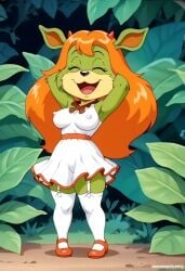 ai_generated amberley blue_eyes furry_female furry_only green_fur horns orange_hair tagme the_dreamstone