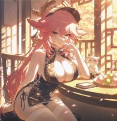 absurd_res ai_generated alternate_costume animal animal_ears architecture arm_rest arm_support bare_arms bare_shoulders black_dress black_panties blush book branch breast_rest breasts breasts_on_table chair cherry_blossoms china_dress chinese_clothes cleavage cleavage_cutout closed_mouth clothing_cutout covered_navel cowboy_shot dango day dress earrings east_asian_architecture elbow_rest falling_petals feline female fingernails floppy_ears floral_print flower_knot food fox fox_ears fox_girl genshin_impact gold_earrings gold_trim hair_between_eyes hair_ornament hand_on_own_cheek hand_on_own_face hand_up head_rest headpiece indoors jewelry large_breasts lattice leaning_forward lips long_hair looking_at_viewer makeup microdress ministro nail_polish no_bra on_chair panties panty_peek panty_straps pantyshot pelvic_curtain petals pink_hair pink_nails plate print_dress purple_eyes sanshoku_dango short_dress side-tie_panties side-tie_peek side_slit sideboob sidelocks sitting skindentation sleeveless sleeveless_dress smile solo string_panties sunlight table tassel thighhighs thighs tomoe_(symbol) tree underwear very_long_hair vision_(genshin_impact) visor_cap wagashi white_thighhighs window wooden_table yae_miko