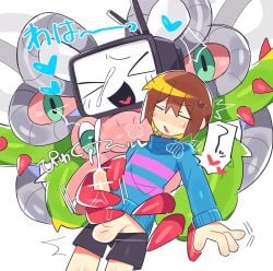 >_< ambiguous_gender censored censored_genitalia censored_penis closed_eyes duo ejaculation frisk_(undertale) handjob hi_res human interspecies japanese_text male male/ambiguous mammal monster not_furry penile photoshop_flowey screen screen_face sex text translation_request undertale undertale_(series) wan_txt