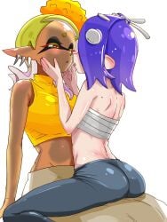 2d_(artwork) 2girls about_to_kiss ass blush blushing breasts clothed clothed_female clothing digital_drawing_(artwork) digital_media_(artwork) female female/female female_focus female_only frye_(splatoon) frye_onaga fully_clothed fully_clothed_female hands_on_cheeks inkling interracial looking_at_another looking_at_partner nintendo octoling shiver_(splatoon) shiver_hohojiro sitting_on_lap sitting_on_person splatoon splatoon_(series) splatoon_3 staring t2ukmyjm twitter_link twitter_username yuri