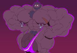abs bells biceps big_pecs crown cult_of_the_lamb edit facial_hair goat goat_(cult_of_the_lamb) hyper hyper_muscles male_only muscular nipple_piercing nipples pecs pubic_hair purple_underwear redraw remert scar scar_on_chest testicles