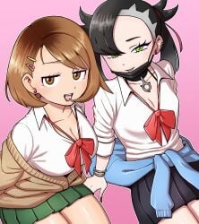 2girls black_hair black_skirt bow bra_strap bracelet breasts brown_eyes brown_hair cardigan cardigan_pull cleavage gloria_(pokemon) gooberman green_eyes green_skirt gyaru hairclip jewelry large_breasts looking_at_viewer marnie_(pokemon) necklace nintendo pokemon pokemon_ss school_uniform short_hair skirt sleeves_rolled_up sweater_around_waist twintails