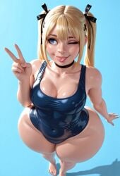 1girls 3d ai_generated ass barefoot big_ass blonde_female blonde_hair blue_eyes choker cleavage cute dead_or_alive female from_above happy hi_res high-angle_view highres huge_ass large_ass light-skinned_female light_skin marie_rose medium_breasts numbleg peace_sign shiny_skin simple_background skindentation smile solo solo_female solo_focus swimsuit thick_thighs twintails wide_hips
