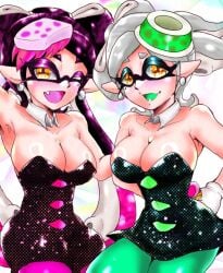 2girls blush breasts callie_(splatoon) cleavage detached_collar female female_only inkling inkling_girl large_breasts looking_at_viewer marie_(splatoon) mazuo917 mole mole_under_eye nintendo one_eye_closed open_mouth splatoon squid_sisters squid_sisters_(splatoon) tongue wink winking_at_viewer yellow_eyes