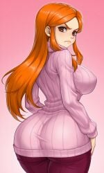 1girls ai_generated angry_expression anonemus1 back_view background_character brown_eyes cartoon_network clothed clothes clothing foster's_home_for_imaginary_friends frown fusionfall long_hair long_sidelocks looking_at_viewer looking_back orange_hair pants pink_sweater solo solo_female turtleneck_sweater