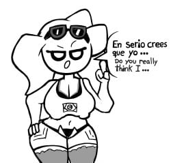 2d 2d_(artwork) 2d_artwork big_breasts brazilian brazilian_female breasts curvy curvy_body curvy_female curvy_figure english_text glasses hand_on_hip headgear headwear hips huge_breasts looking_at_viewer nipple_bulge scolding short_shorts shorts sketch spanish_text speaking sunglasses sunglasses_on_head talking_to_viewer tan_body tan_skin text text_bubble top_heavy vhrox2 vhroxy_(character) wide_hips