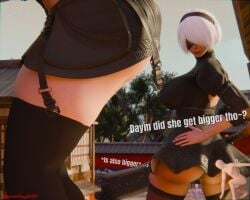 2girls 3d ass big_ass big_breasts blindfold breasts clothing english_text female final_fantasy final_fantasy_vii giantess hairband light-skinned_female light_skin macro nier nier:_automata ravenkinggts short_hair size_difference text tifa_lockhart white_hair yorha_2b