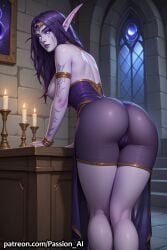 ai_generated bent_over female huge_ass nipples purple_body purple_hair rear_view sheer_clothing showing_ass warcraft world_of_warcraft xal'atath