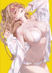 azur_lane bare_shoulders bikini blonde_hair blush bra breasts brown_eyes brown_hair cleavage collarbone cowboy_shot eyewear_on_head female finger_to_mouth frilled_bikini frills hair_between_eyes large_breasts lion_(azur_lane) lion_(the_reclining_dandelion)_(azur_lane) long_hair long_sleeves looking_at_viewer lying nail_polish navel off_shoulder on_back open_clothes open_mouth open_shirt panties ponytail see-through shirt sideboob simple_background smile solo stomach sunglasses sweat swimsuit thighs tinted_eyewear tongue tongue_out underwear wet white_bikini white_bra white_panties white_shirt yellow_background