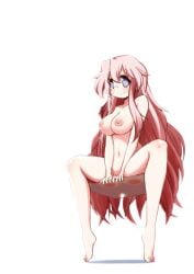 1girls against_glass ass ass_on_glass ass_press big_breasts blush breasts female glasses glasses_only long_hair looking_at_viewer lucky_star miyuki_takara mizushima_(p201112) naked navel nipples nude nude_female pink_hair purple_eyes rimless_eyewear simple_background sitting smile solo spread_legs tiptoes transparent_seat very_long_hair white_background