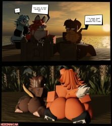 2boys1girl 3d ass ass_focus beach blue_fur brown_fur canine canine english_text femboy floppy_ears fox furry furry_only male/female nekomaniaa roblox roblox_avatar robloxian sand_castle self_upload thong