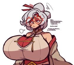 alternate_breast_size big_breasts breast_expansion breasts_bigger_than_head huge_breasts implied_growth large_breasts purah purah_(tears_of_the_kingdom) red_eyes sad skullgeist the_legend_of_zelda the_legend_of_zelda:_tears_of_the_kingdom white_hair