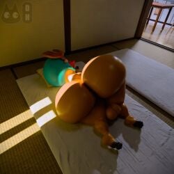 3d 3d_(artwork) 3d_background 3d_model 3d_render anthro anthro_only antlers backsack big_ass big_balls big_butt blue_nose bottom_heavy bottomless bottomless_male brim_hat chopper ears_down hat hooves laying_down laying_on_bed nose on_side one_piece shortstack shortstack_femboy striped_shirt thick_ass tony_tony_chopper topwear totallyd vulnerable