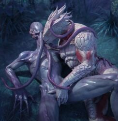 3d_(artwork) animal_genitalia anthro anthro_on_anthro anthro_penetrated anthro_penetrating anthro_penetrating_anthro baldur's_gate baldur's_gate_3 beepyromancer blue_tongue bodily_fluids cheek_spikes chin_horn claws digital_media_(artwork) dragonborn_(dnd) dungeons_and_dragons duo erection face_tentacles facial_horn facial_spikes fingering french_kissing genital_fluids genital_slit genitals hand_on_hip hasbro hi_res horn interspecies kissing larian_studios lying male male/male male_penetrated male_penetrating male_penetrating_male mind_flayer muscular muscular_anthro muscular_male night nude on_back on_side open_mouth outside penetration penis plant precum purple_body purple_eyes purple_penis purple_skin reclining red_body red_eyes red_scales saliva scales scalie sex shrub slit_fingering slit_juice slit_penetration slit_play spikes spikes_(anatomy) teeth tentacle tentacle_on_hand tentacle_on_head tentacle_on_shoulder teratophilia the_dark_urge_(baldur's_gate) the_emperor_(baldur's_gate) tongue tongue_out white_body white_scales wizards_of_the_coast