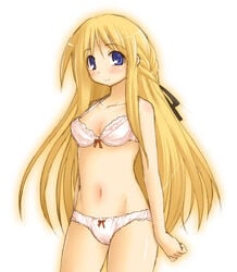 anime_style blonde_hair blue_eyes bra clothing female female_only human long_hair pale_skin panties solo standing tagme yggdra_union yggdra_yuril_artwaltz