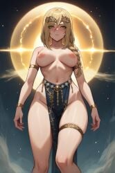 ai_generated backlighting blonde_hair bracelet braid breasts breasts_apart circlet closed_mouth collarbone female full_moon green_eyes headpiece jewelry large_breasts long_hair moon navel nipples pelvic_curtain sky solo sun thighs topless