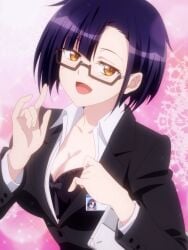 1girls big_breasts black_bra blush bra breasts busty cleavage clothes_pull female female_only formal_clothes glasses half-closed_eyes highres large_breasts naughty_face nias_carlin office_lady orange_eyes ore_wa_seikan_kokka_no_akutoku_ryoushu pose posing pulled_by_self purple_hair seductive seductive_look seductive_smile sensual sexy sexy_pose short_hair smile solo stitched teasing underwear voluptuous w