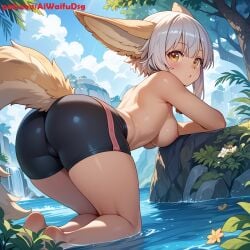 ai_generated aiwaifudesings animal_ears ass bike_shorts blush breasts female gray_hair hat looking_at_viewer nipples outdoors patreon_username solo tail topless water waterfall yellow_eyes