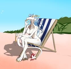 absurd_res anthro beach beach_background bikini bikini_bottom blush blush_lines breasts chair clothing dragon eastern_dragon featureless_breasts female finger_to_mouth furniture golden_week hair hi_res holding_clothing holding_object holding_underwear horn inviting looking_at_viewer lounge_chair mythological_creature mythological_scalie mythology narrowed_eyes nude outside sand scalie seaside seductive shush smile smiling_at_viewer solo swimwear tail temnelc two-piece_swimsuit underwear white_body white_dragon_(mahjong_soul)